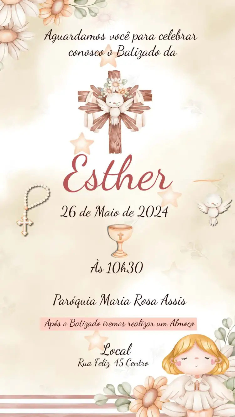 Invitation Baptism Little Angel Girl – Baptism theme delicate, angels, soft flowers, pastel, minimalist, subtle graphics