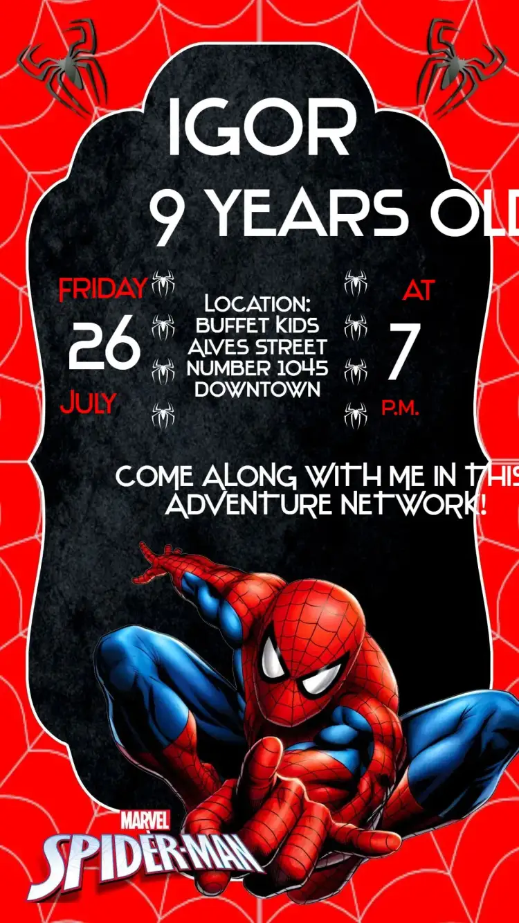 Invitation Spider-Man – Birthday theme vibrant colors, modern style, superhero graphic elements, fun design, adventure theme, comic-inspired
