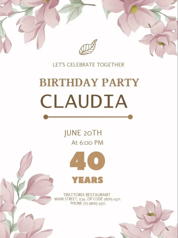 Invitation 40 Years Elegant Golden – Sweet 15 theme elegant, golden, floral, modern, sophisticated