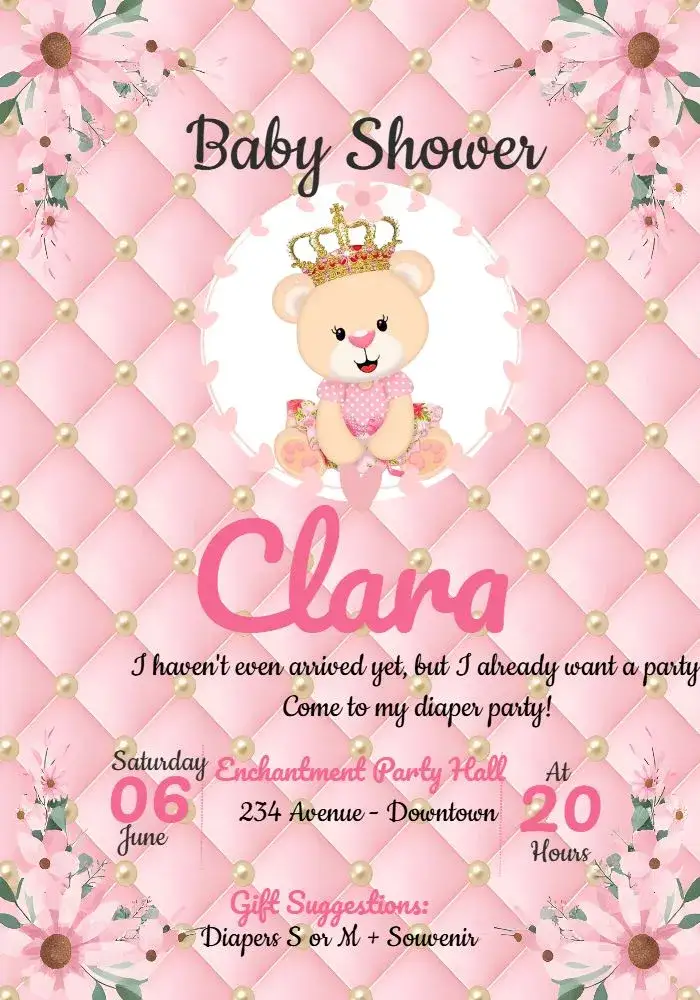 Invitation Baby Shower Princess Bear Girl – Diaper Shower theme floral, pink, golden, childish, princess, delicate