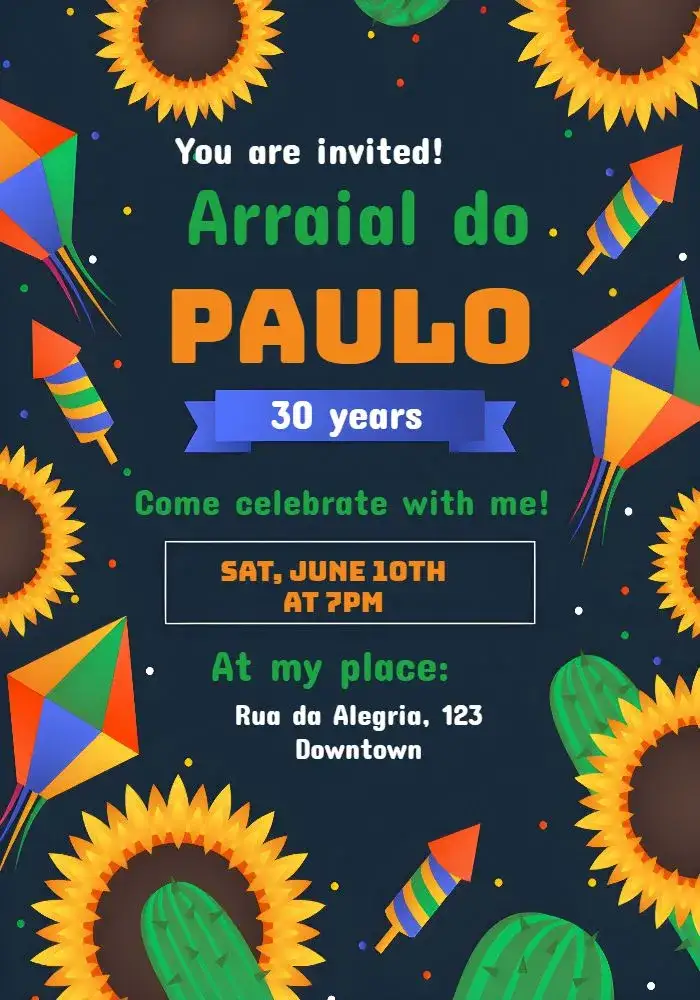 Invitation Arraial Festa Junina Balão – Commemorative Dates theme colorful, festive, rustic, traditional, cheerful