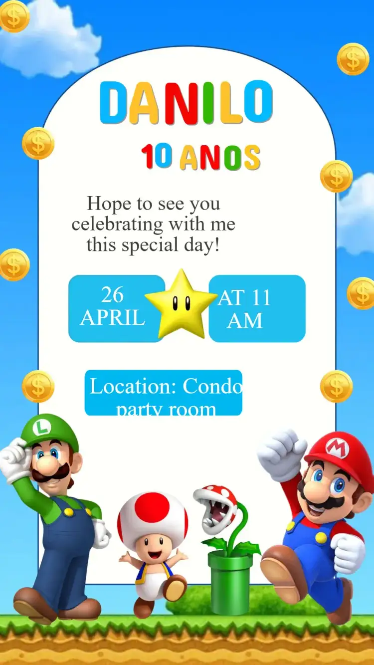 Invitation Super Mario Birthday Invitation – Kids' Birthday Party theme colorful, fun, playful, games, fantasy