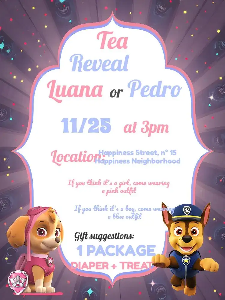 Invitation Paw Patrol White Gender Reveal Party – Kids' Birthday Party theme white, blue, pink, fun, childlike, colorful