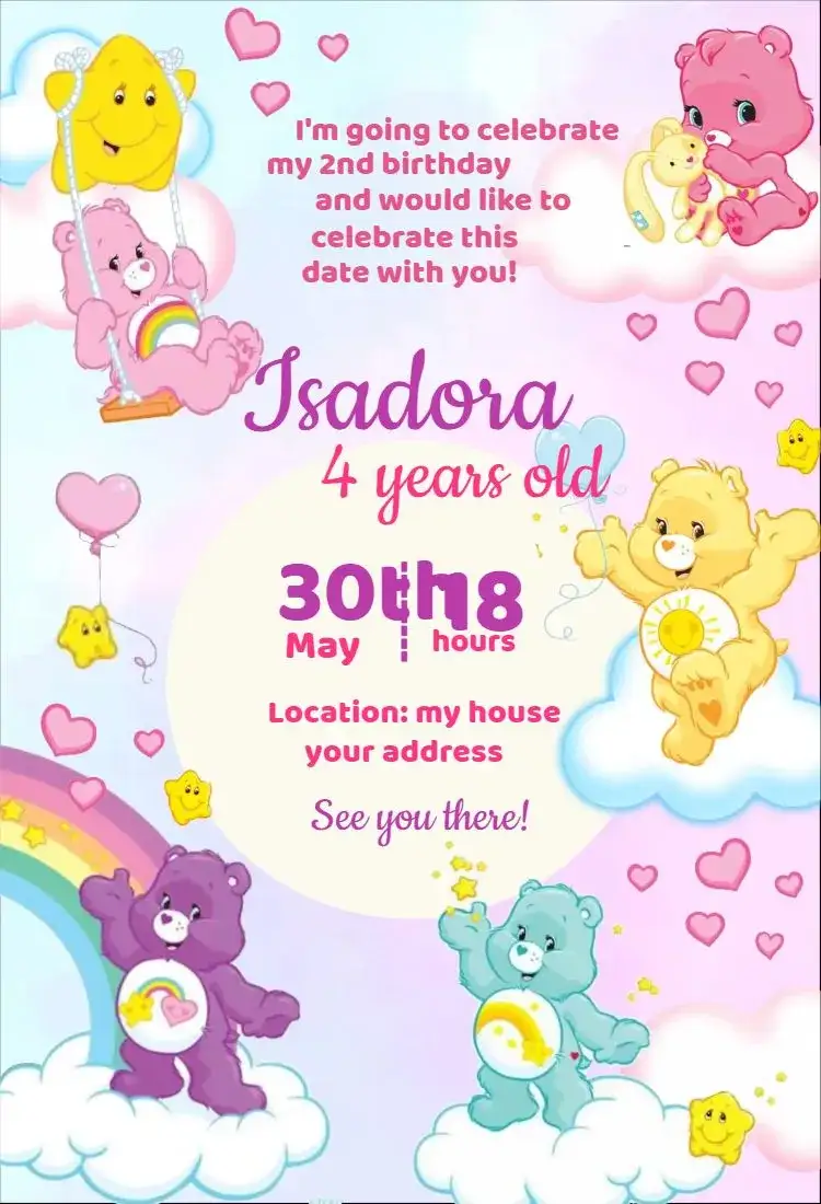 Invitation Care Bears Invitation 1 – Kids' Birthday Party theme candy colors, pastel tones, cute, fun, childlike, playful