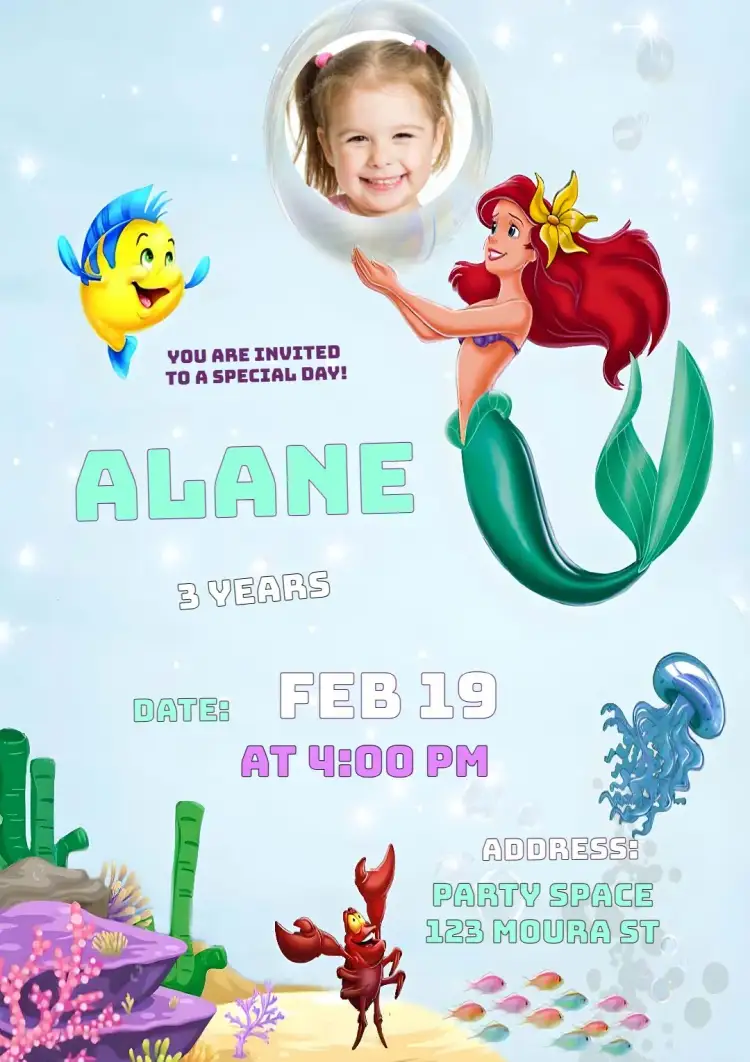 Invitation Little Mermaid Ariel With Colorful Photo – Most searched for theme oceanic, colorful, childlike, fantasy, marine