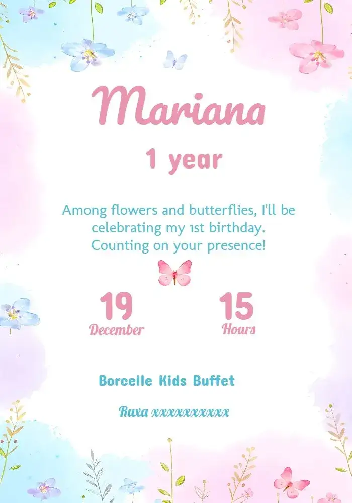 Invitation Jardim Das Borboletas Girl – Commemorative Dates theme floral, enchanted, colorful, delicate, childlike
