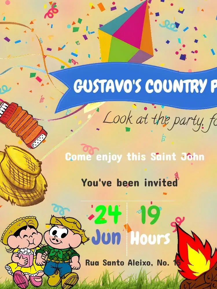 Invitation Arraiá Turma Da Mônica Yellow – Kids' Birthday Party theme junino, colorful, childish, fun-filled, festive, playful