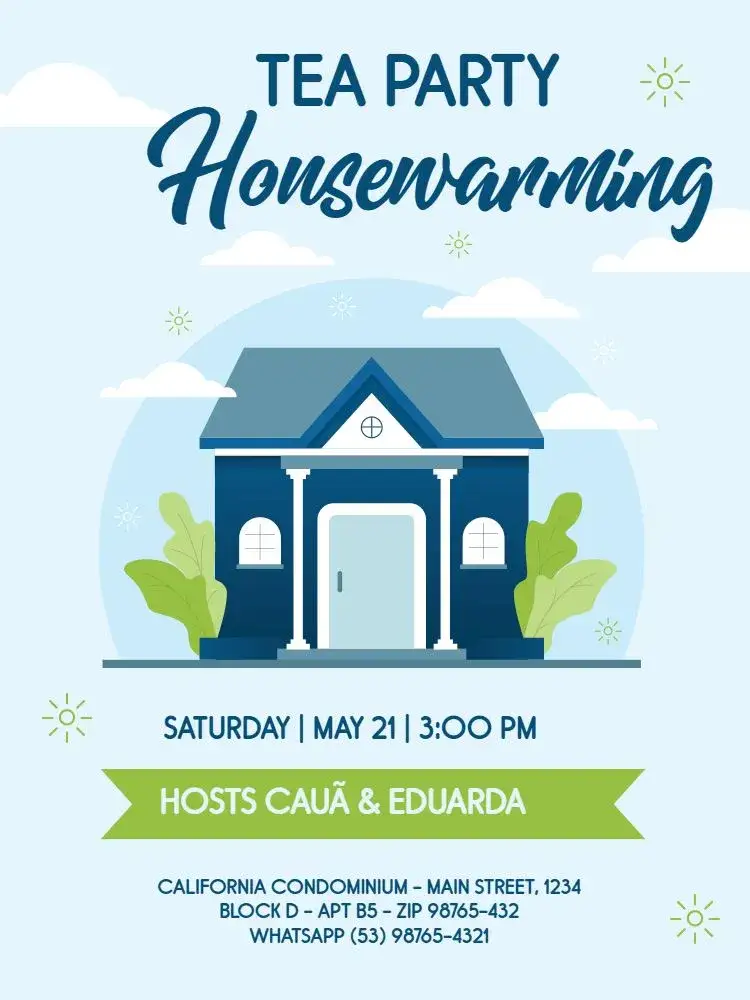 Invitation Online Housewarming Tea Party – Diaper Shower theme soft blue, delicate, modern, cozy, minimalist
