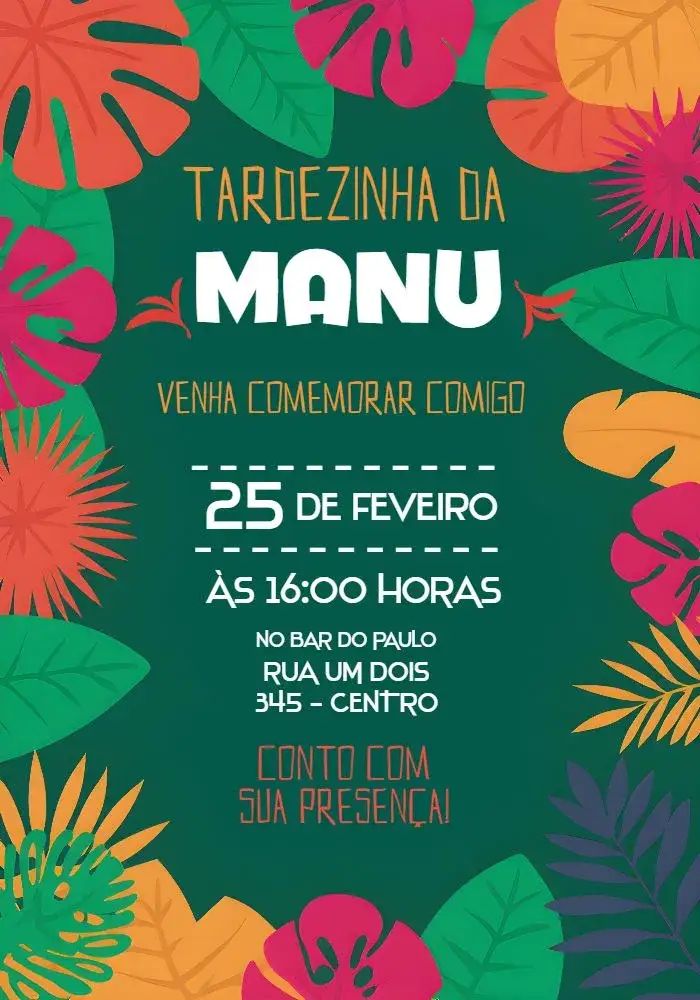 Invitation Tardezinha Farofa – Bridal Shower theme tropical, colorful, summer, sunset, vibrant, relaxed