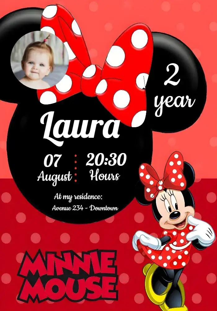 Invitation Minnie Mouse With Photo Year – Commemorative Dates theme red and black, polka dots, children's, Disney, fun, themed