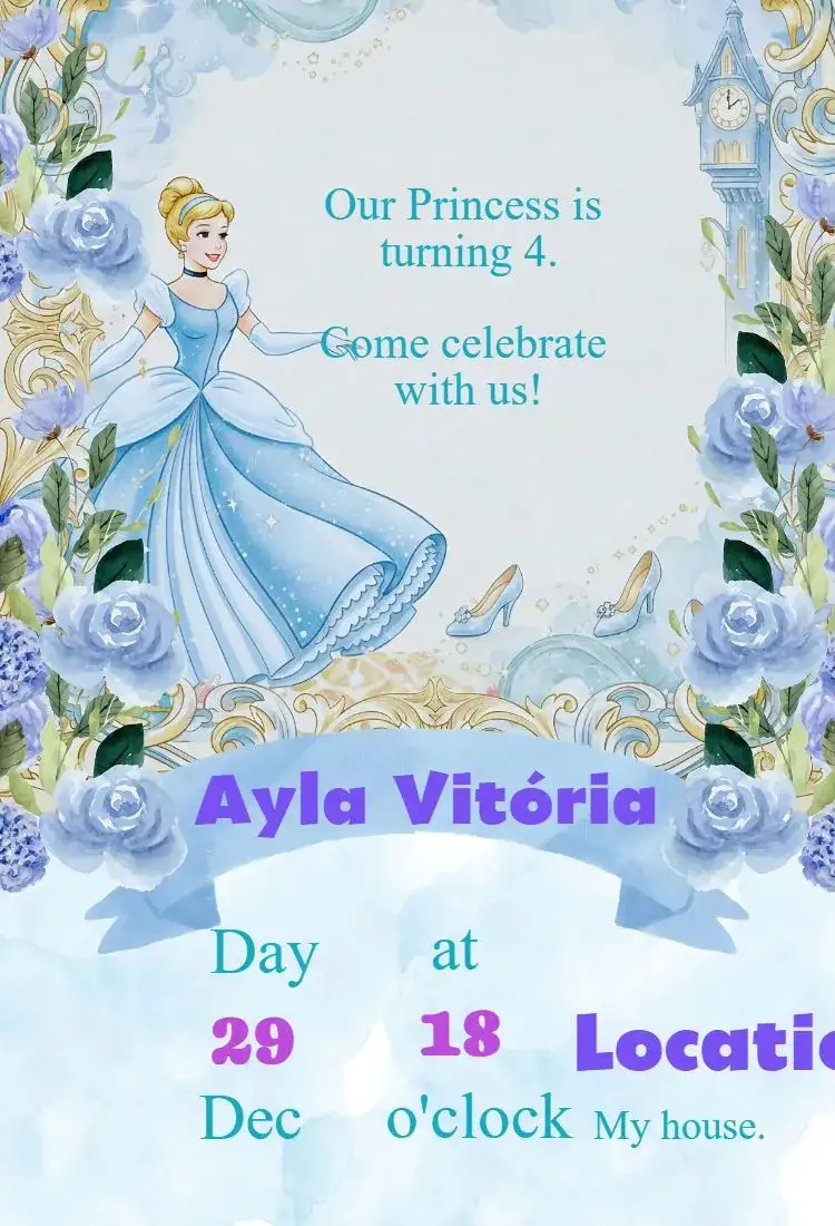 Invitation Cinderella Invitation – Kids' Birthday Party theme fairy tales, magical, blue and gold, princess, fantasy, delicate