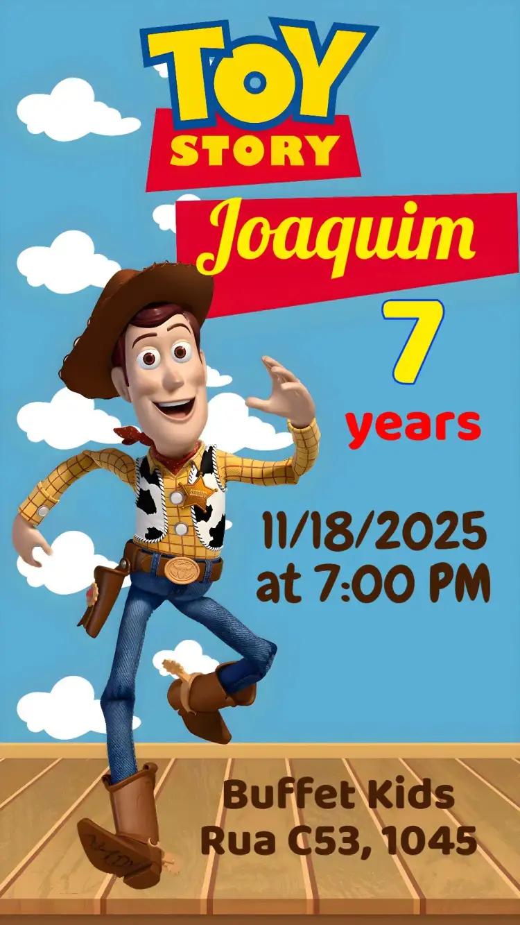 Invitation Toy Story – Kids' Birthday Party theme colorful, fun-filled, themed, kids, animated artwork, watercolor
