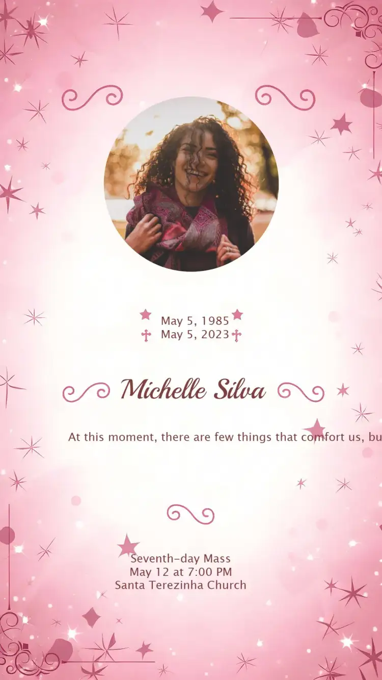 Invitation Seventh Day Mass With Mourning Photo – Commemorative Dates theme soft pink, elegant white, minimalist, classic, serene, comforting