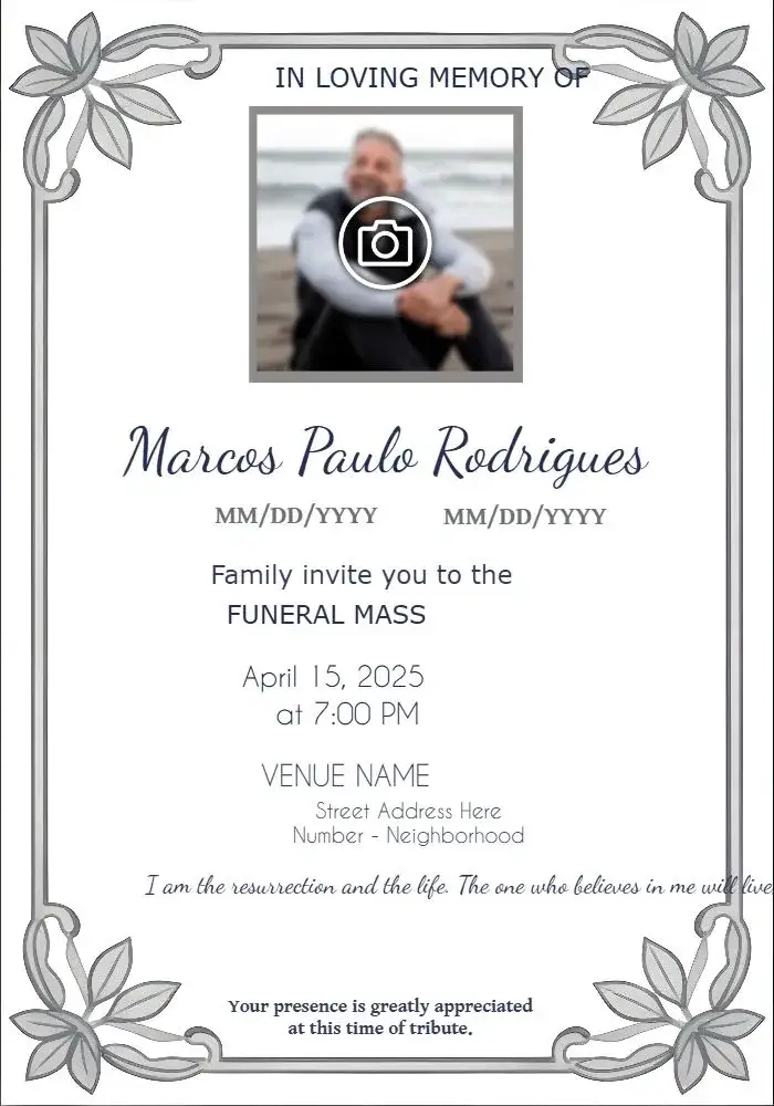 Invitation Funeral Mass With White Photo – Commemorative Dates theme white, minimalist, sober, elegant, modern, respectful
