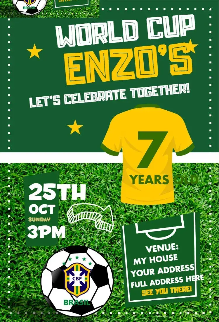 Invitation World Cup 3 – Birthday theme football, colorful, lively, themed, Brazilian, fun