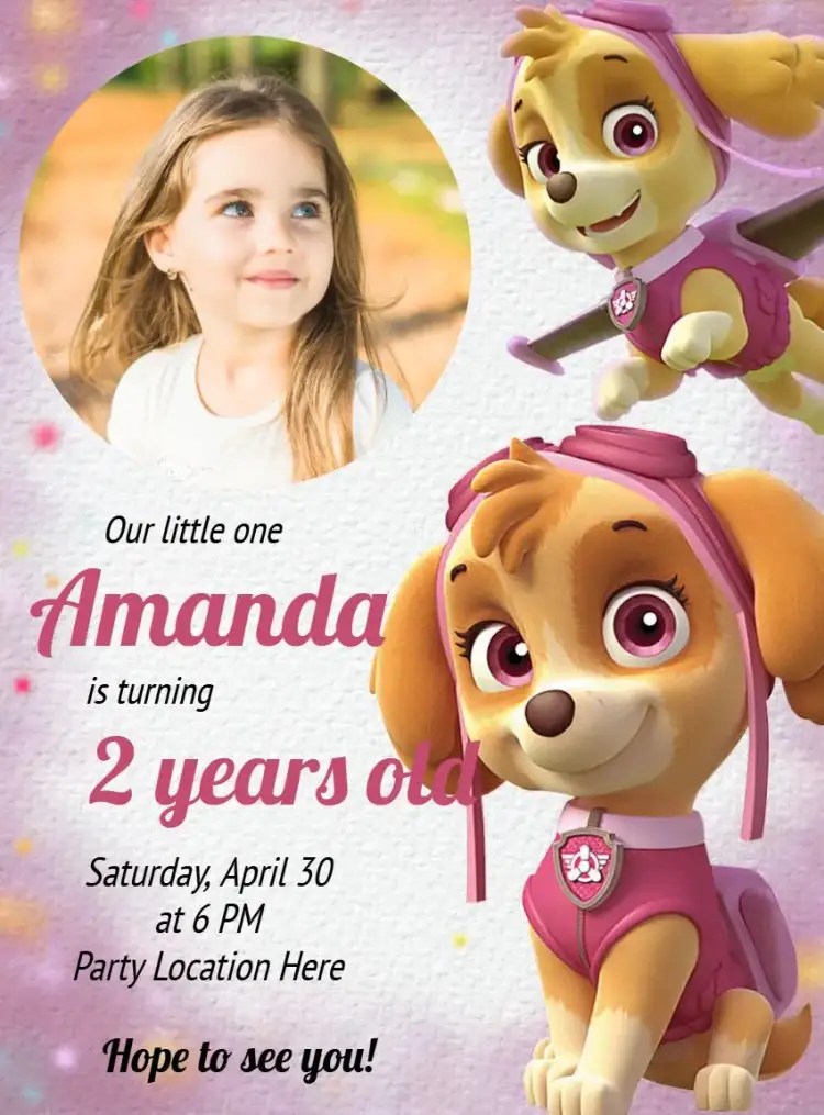 Invitation Patrulha Canina Skye Rosa – Kids' Birthday Party theme pink, fun, adventure, childish illustrations, dog theme, colorful
