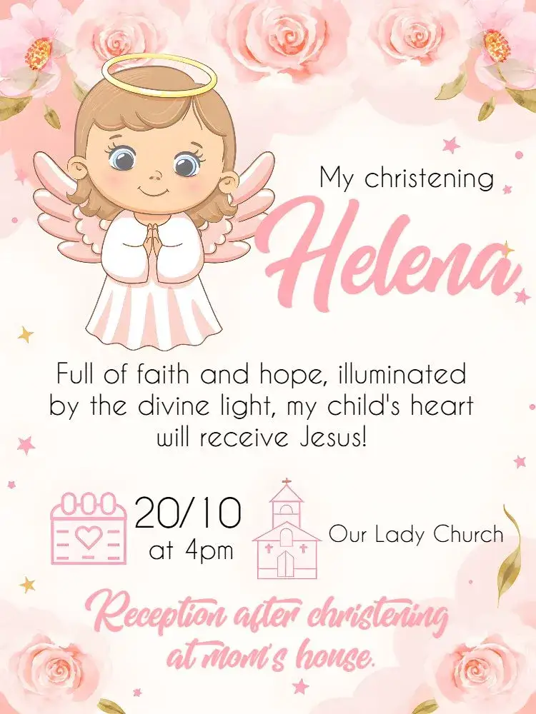 Invitation Pink Baptism – Baptism theme floral, delicate, pink, white, little angel, modern