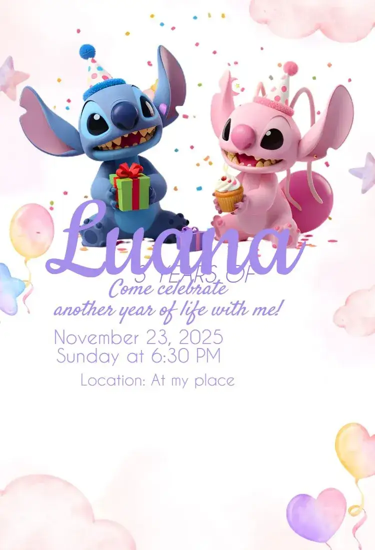 Invitation digital stitch and angel invitation – Birthday theme cute, colorful, modern, delicate, adorable