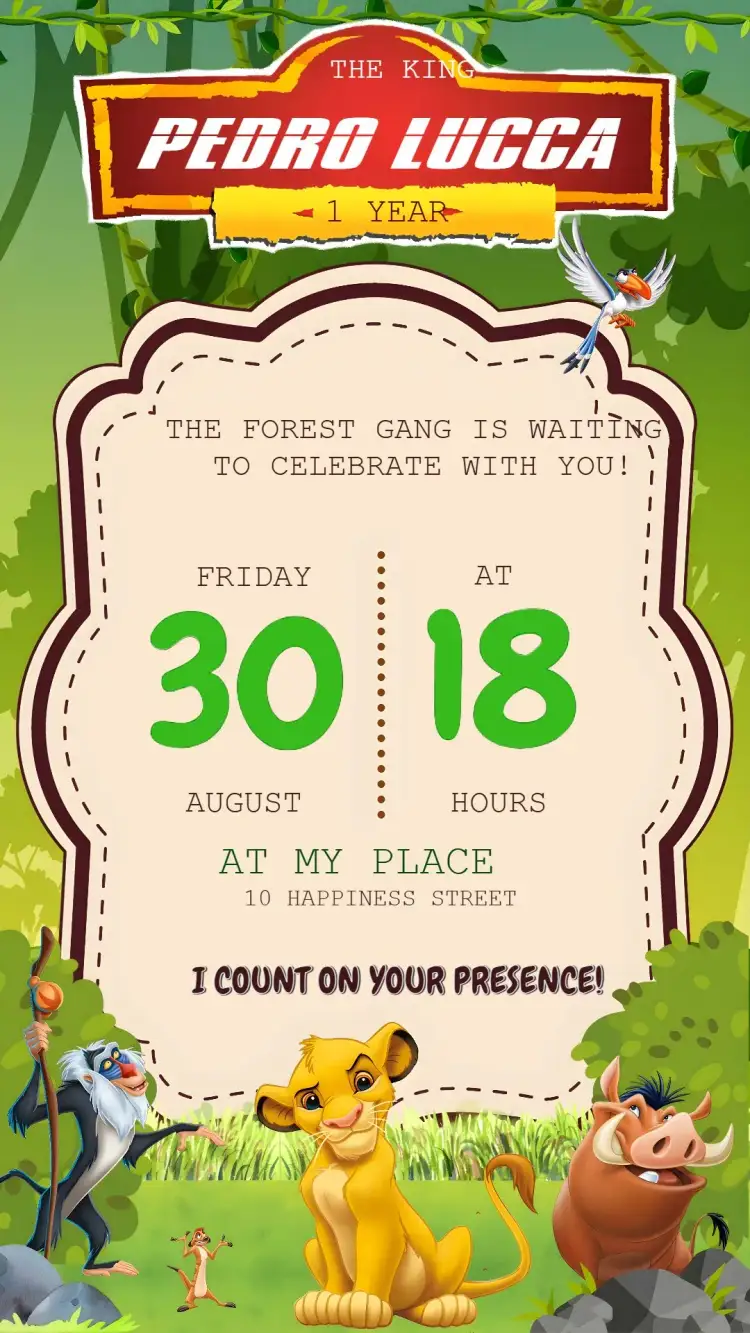Invitation The Lion King Pumbaa – Kids' Birthday Party theme vibrant colors, fun style, jungle elements, playful illustrations, thematic design, cheerful atmosphere