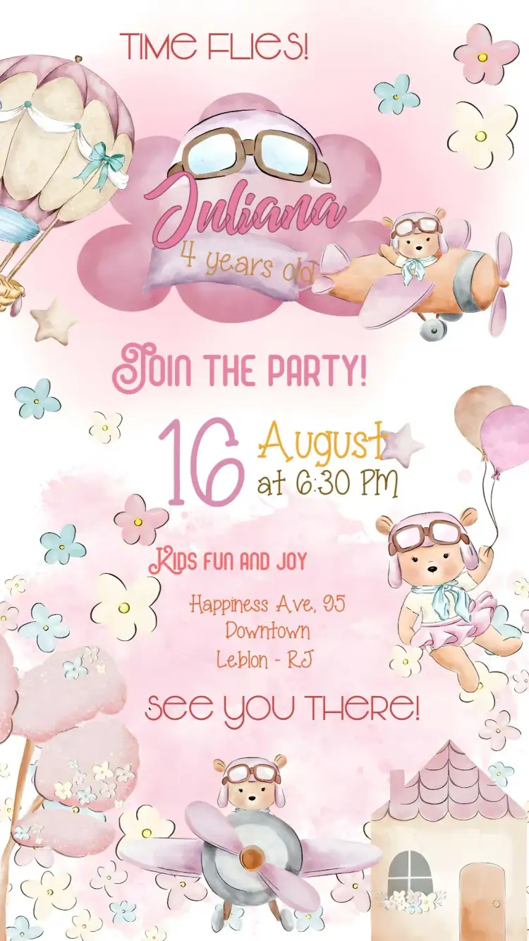 Invitation The Time Flies Pink – Diaper Shower theme pink, watercolor, childish, playful, delicate, dreamy