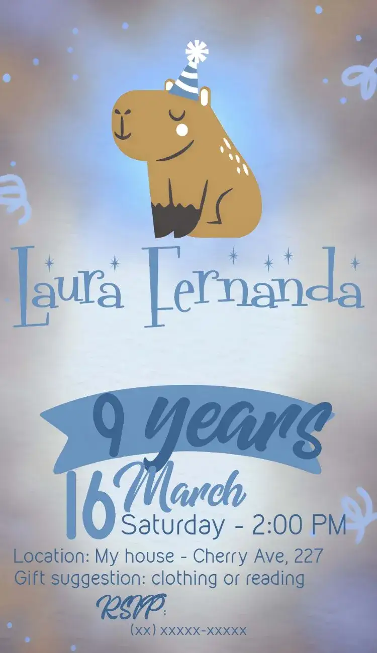 Invitation Capivara Girl – Kids' Birthday Party theme animals, children's, fun, light blue, playful, nature