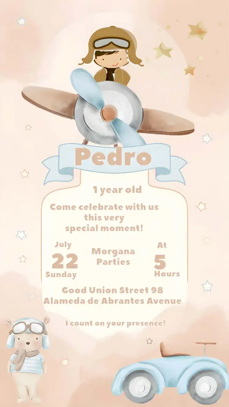 Invitation Delicate Aviator Boy – Most searched for theme aquarela, delicate, beige, vintage, childish, aviator