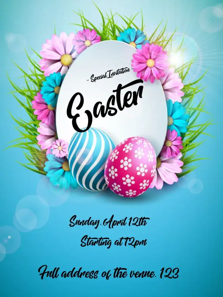 Invitation Easter Celebration – Commemorative Dates theme brown and white, rabbit graphic, colorful eggs, minimalist style, chocolate elements, festive design
