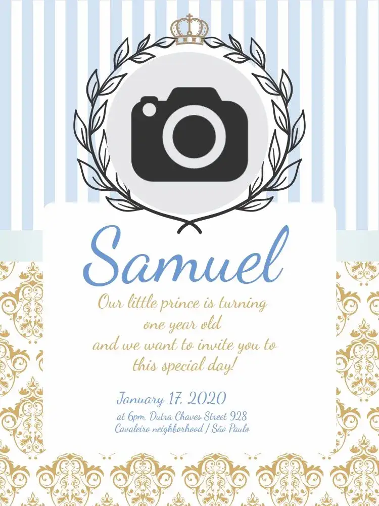 Invitation Little Golden Prince – Diaper Shower theme golden, blue, children's, elegant, playful, modern