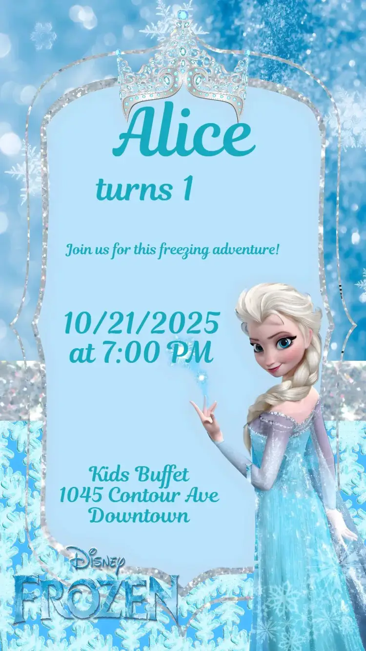 Invitation Frozen – Kids' Birthday Party theme cool colors, winter elements, playful style, charming visuals, magical details, fairy tale inspired