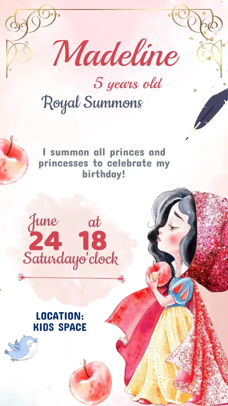 Invitation Snow White Birthday Invitation – Kids' Birthday Party theme vibrant colors, fairy tale theme, princess graphic elements, playful style, charming design
