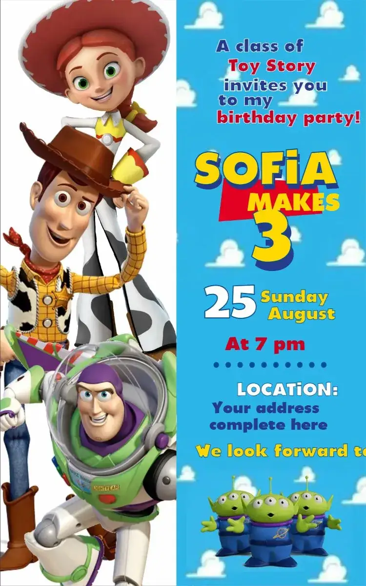 Invitation Toy Story 3 – Birthday theme colorful, fun, vintage, toy illustrations, modern, movie-themed