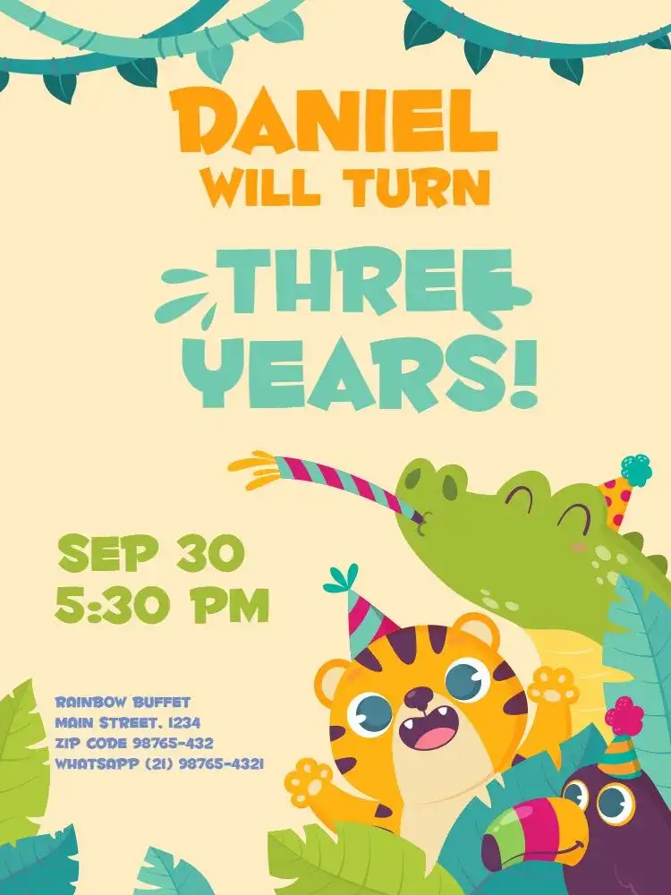 Invitation Colorful Zoo Jaguar – Kids' Birthday Party theme colorful, wild, fun, playful, tropical