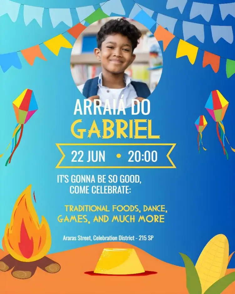 Invitation Arraiá São João With Photo Balloons – Commemorative Dates theme colorful, festive, June-themed, vibrant, cheerful, themed
