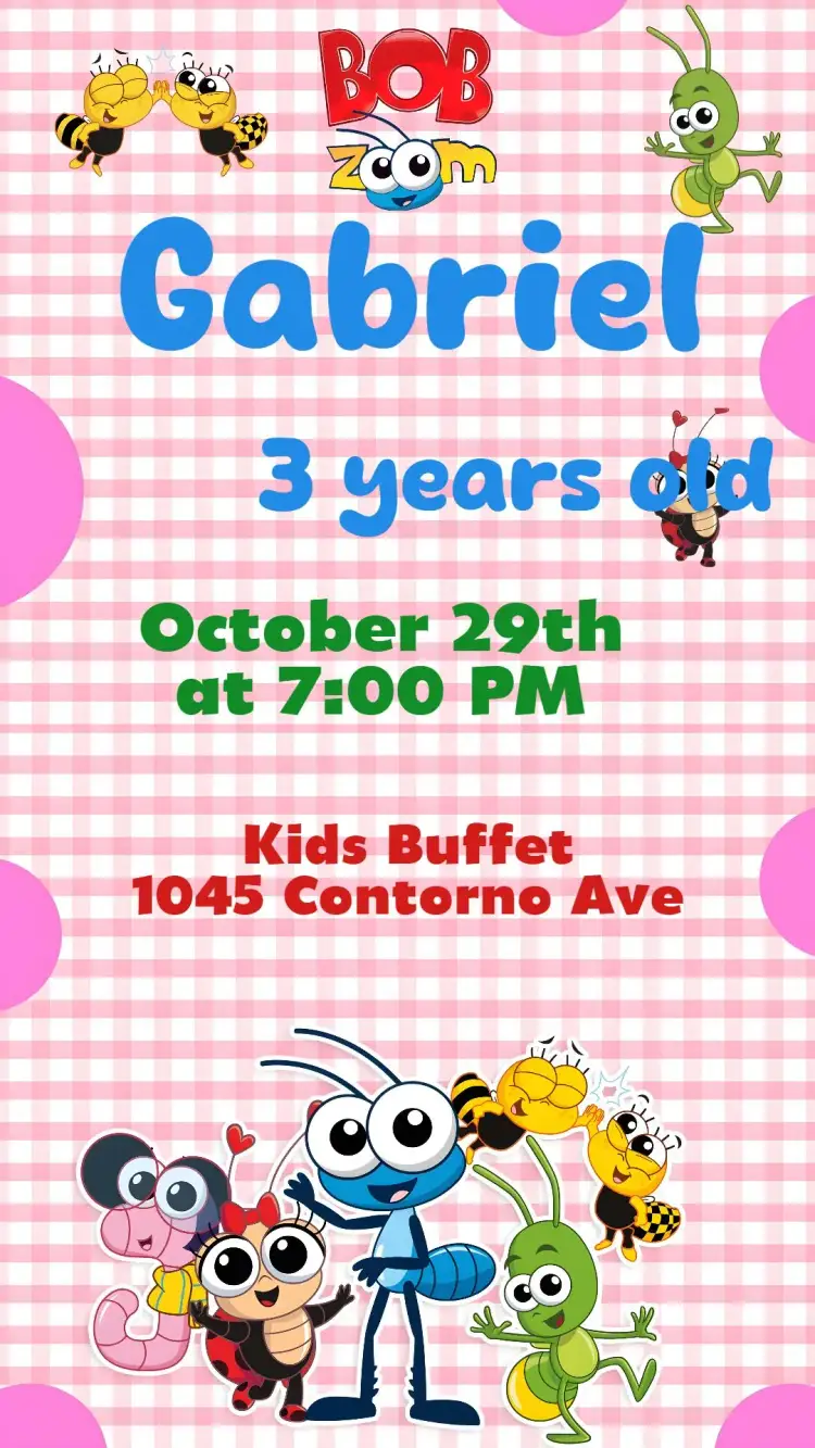 Invitation Bob Zoom – Kids' Birthday Party theme colorful, fun, childish, modern, themed