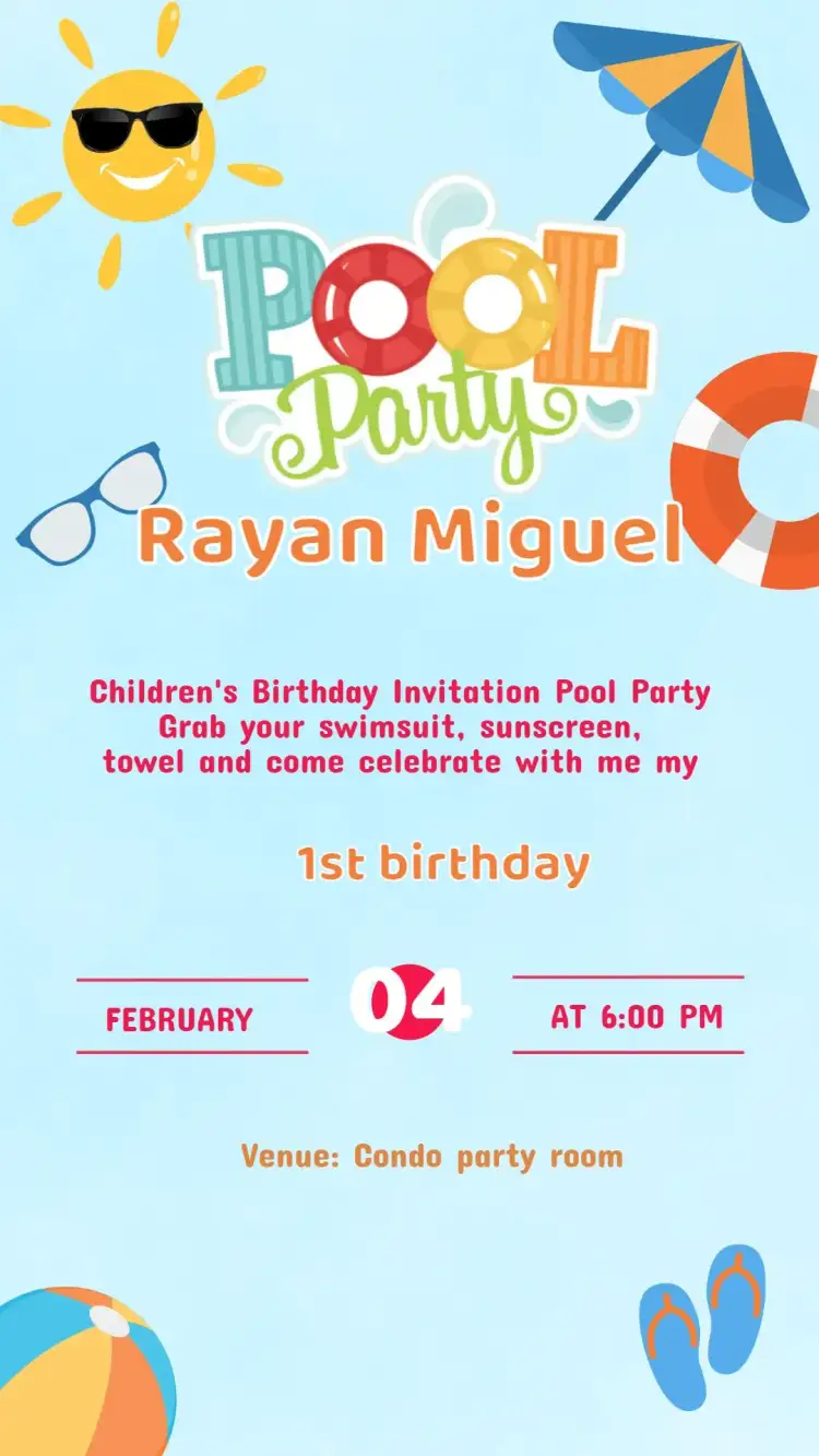 Invitation Children's Birthday Invitation Pool Party – Kids' Birthday Party theme colorful, fun, tropical, aqua, childlike, summer