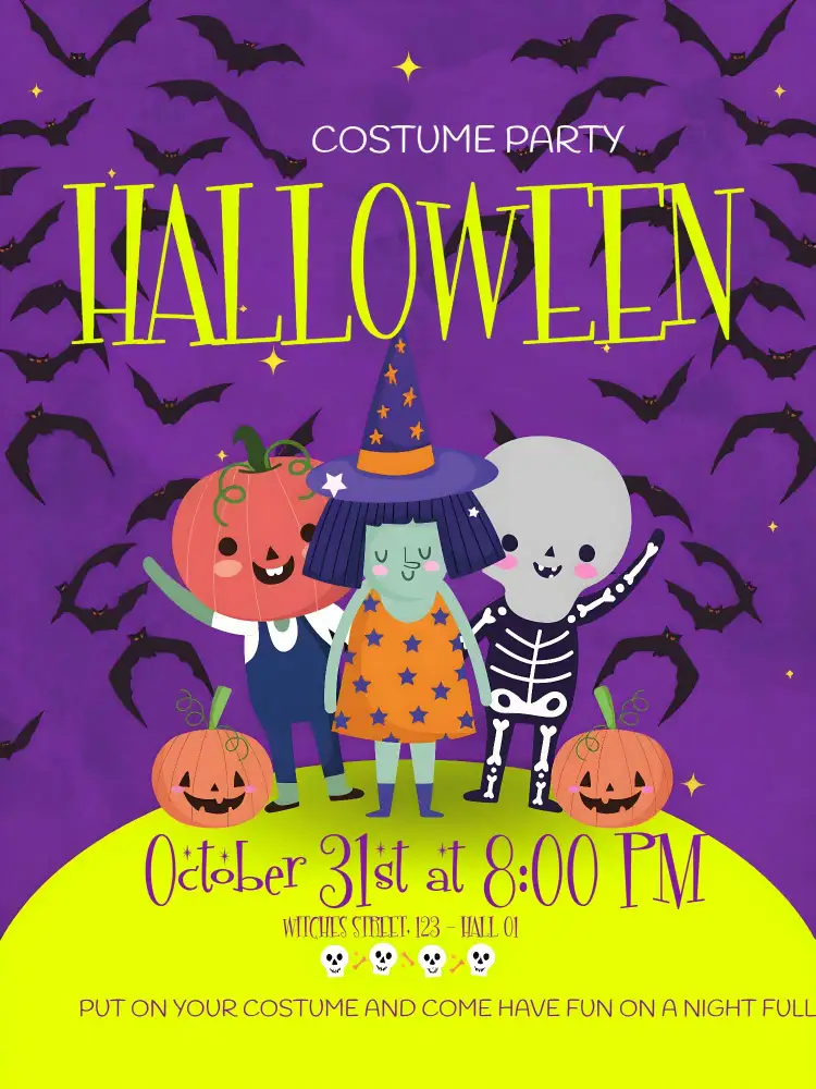 Invitation Witch Halloween Party – Commemorative Dates theme dark colors, Halloween graphic elements, vintage style, magical atmosphere, orange details, fun design