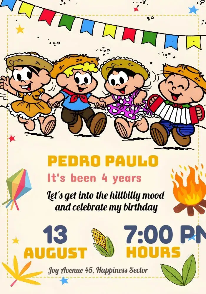 Invitation Turma Da Mônica Junina Party – Kids' Birthday Party theme colorful, June-themed, fun-filled, childish, themed, vivid