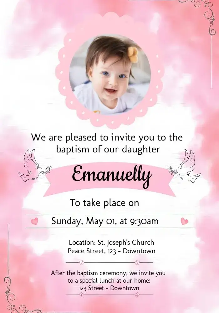 Invitation Girl Baptism With Photo Baptism – Baptism theme floral, delicate, pink and white, elegant, childlike, romantic