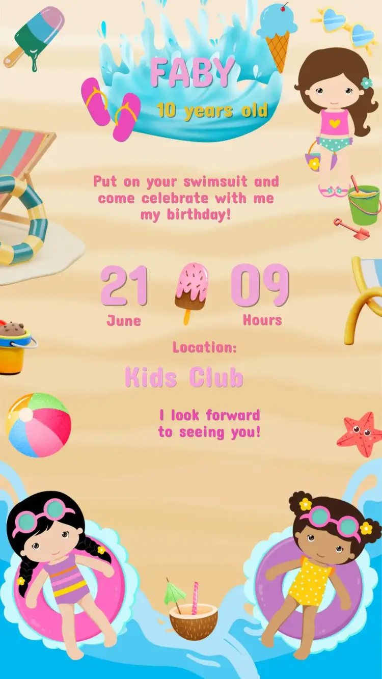 Invitation Digital Invitation Birthday Pool Party – Kids' Birthday Party theme colorful, tropical, fun, summer, water, party