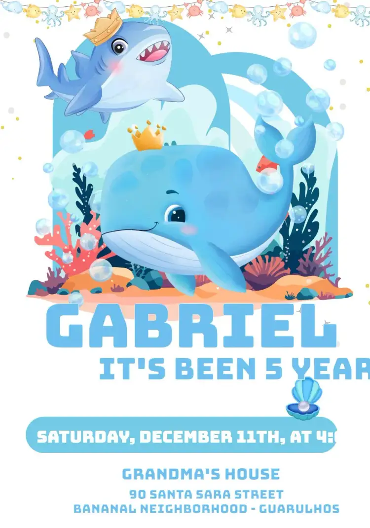 Invitation Under the Sea Whale Oyster – Kids' Birthday Party theme navy blue, watercolor, children's, blue, playful, fun