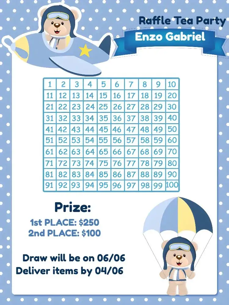 Invitation Tea Raffle Aviator Teddy Bear Theme – Raffle Tea theme aviator, children's, blue and yellow, teddy bear, fun, modern