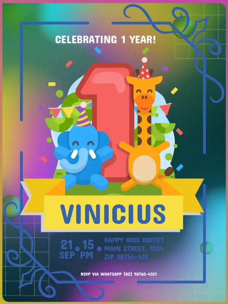 Invitation First Year Boy Elephant – Kids' Birthday Party theme animal theme, playful theme, delicate theme, blue color, white color