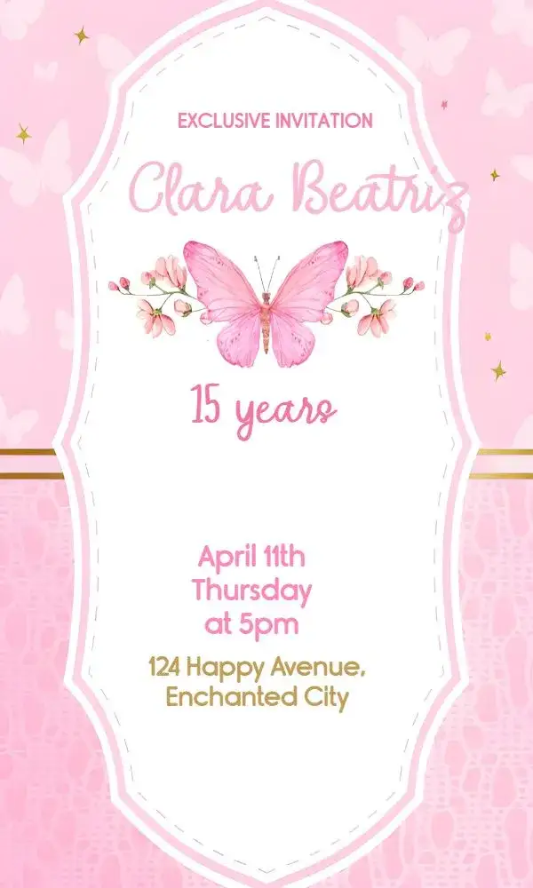 Invitation 15 Years Golden Butterflies – Sweet 15 theme golden, delicate, pink, feminine, floral
