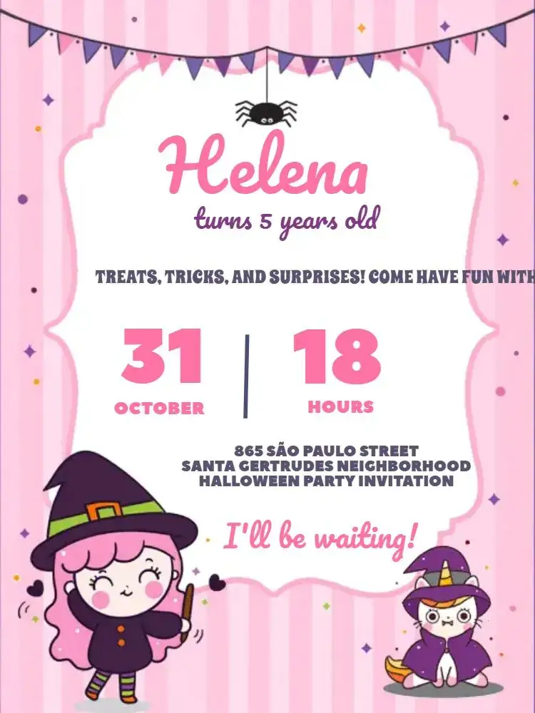 Invitation Pink Witches Halloween – Commemorative Dates theme pink, magical, fun, childish, themed, colorful