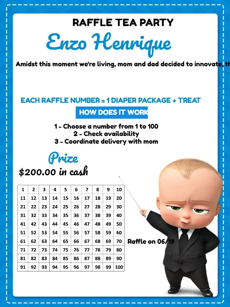 Invitation Powerful White Boss Baby Tea Raffle – Raffle Tea theme modern, black and white, blue, fun, childlike