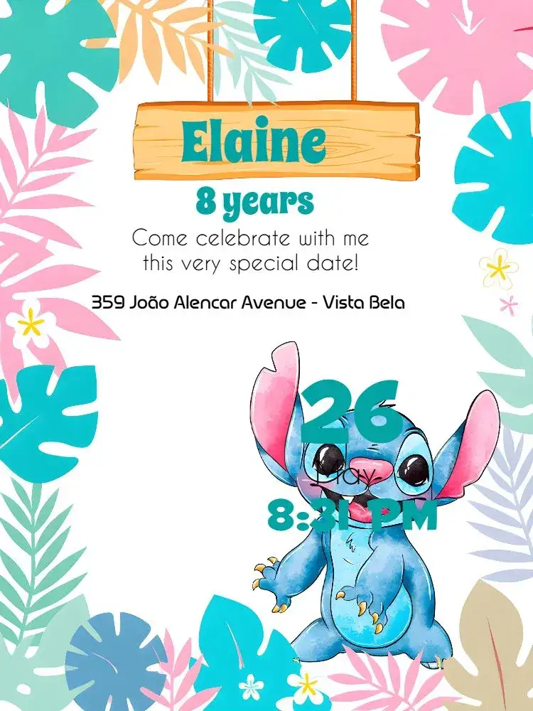 Invitation Stitch Lilo – Kids' Birthday Party theme watercolor, fun, colorful, themed, childish, playful