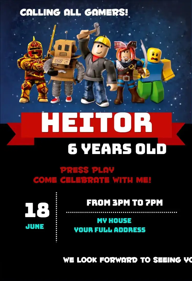 Invitation Roblox Characters Invitation – Kids' Birthday Party theme colorful, fun-filled, games, modern, themed, playful