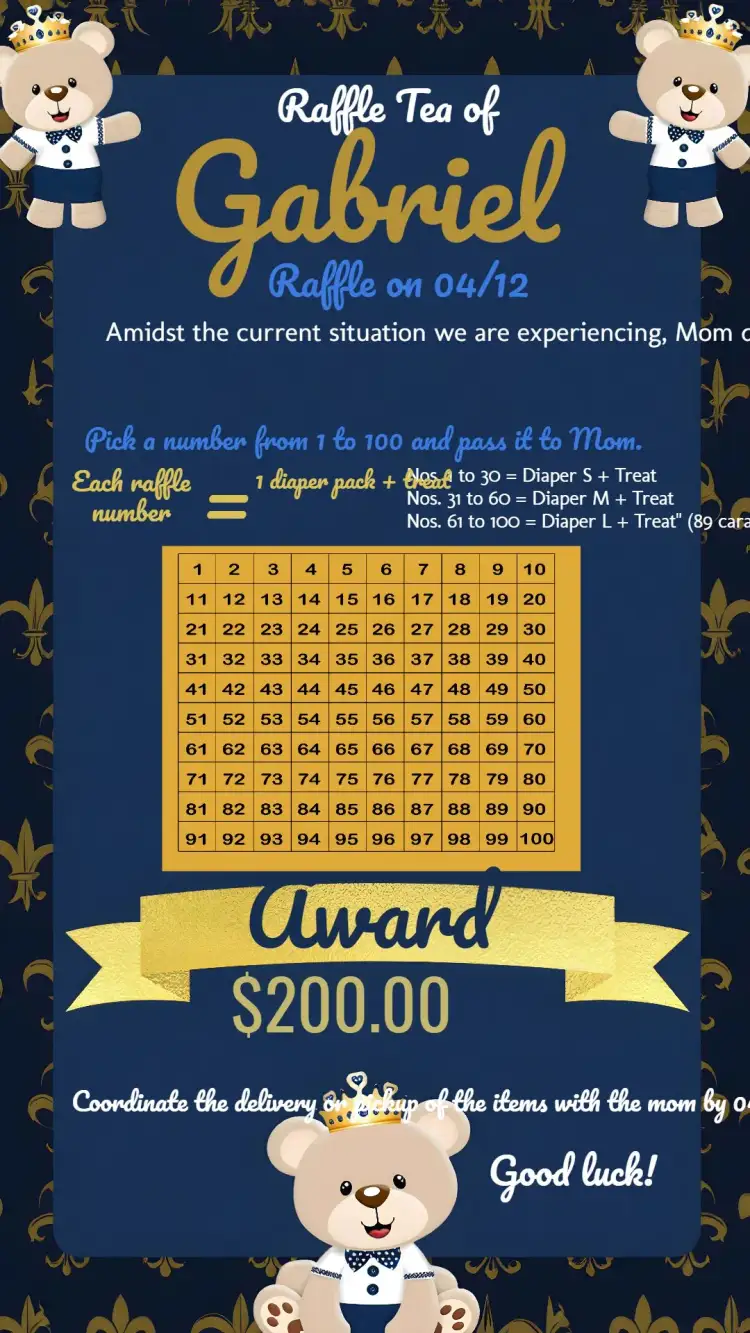 Invitation Blue Prince Teddy Bear Raffle Tea – Raffle Tea theme blue, golden, white, cute, childish, modern