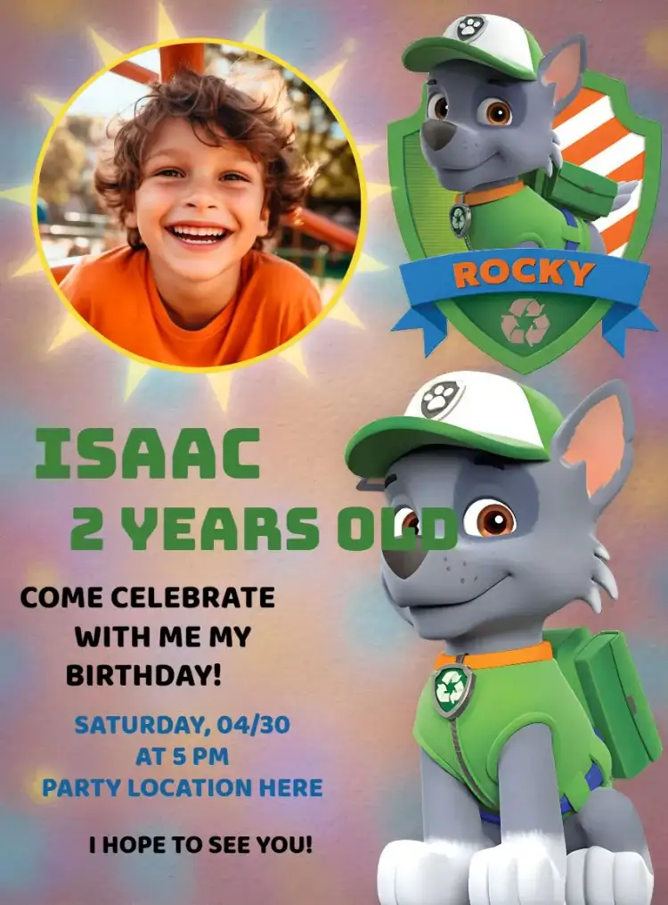 Invitation Rocky Paw Patrol With Dogs Photo – Kids' Birthday Party theme colorful, fun, childish, themed, lively
