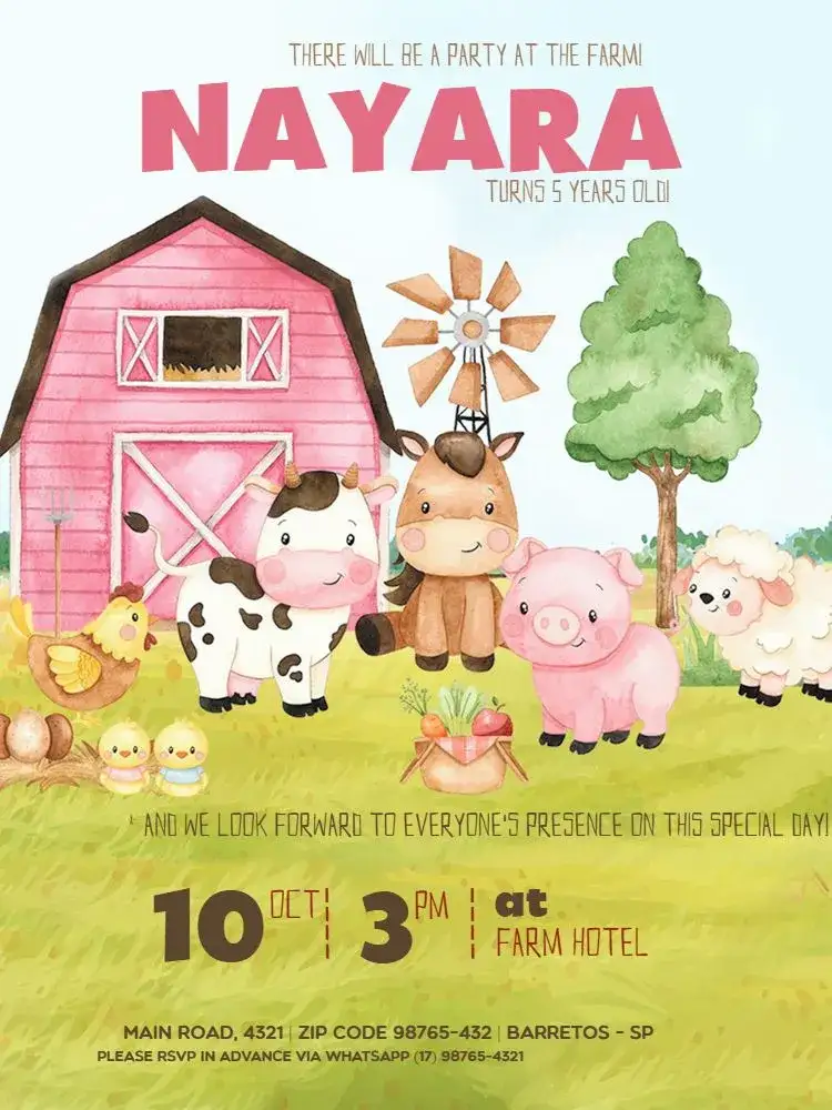 Invitation Pink Digital Rural Farm – Kids' Birthday Party theme pastel colors, watercolor, playful, rustic, animals, colorful